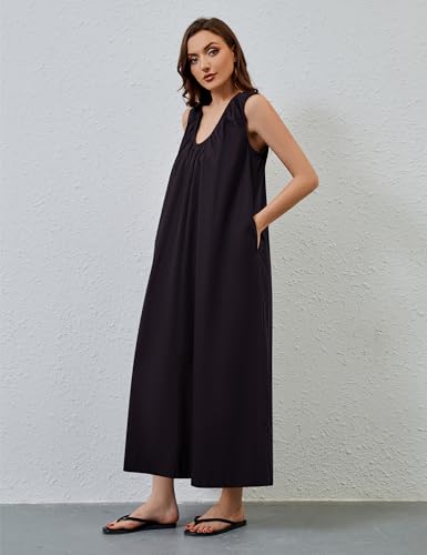 Image of MISSACTIVER Women's Sleeveless Maxi Dress Scoop Neck Ruched Long Dress with Side Pockets Wide Shoulder Elegant Blouse Dresses