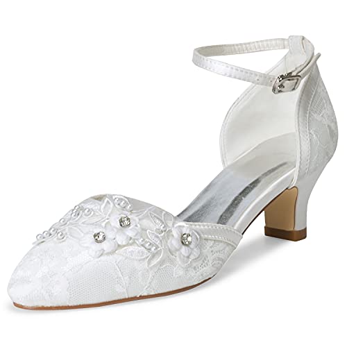 JIAJIA 009611 Women's Bridal Shoes Closed Toe 1.9'' Block Mid Heel Lace Satin Pumps Rhinestone Wedding Shoes