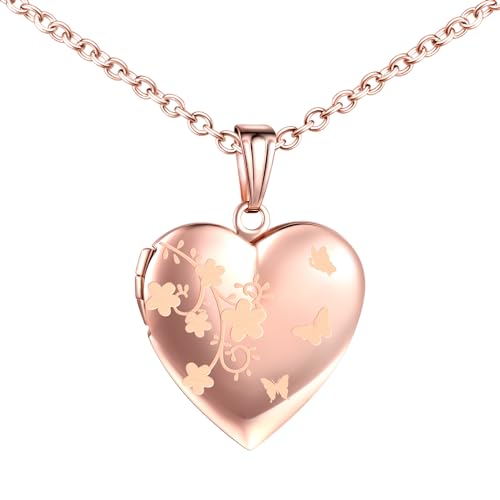 MICMIF Colgante Medallón de Corazón con Flores y Mariposas, Collar Foto Personalizado para Mujer, Acero inoxidable Collar Relicarios para 2 Fotos Joyería con Cadena 50cm