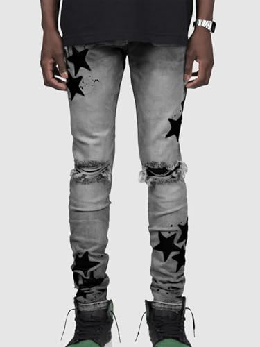 Men's Mid Rise Ripped Stacked Jeans Star Print Stretch Skinny Straight Leg Jeans Hip Hop Denim Pants2