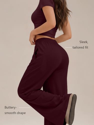 Image of Trendy Queen 2 Piece Matching Summer Lounge Set Womens Side Ruching Top Wide Leg Pants Sets with Pockets
