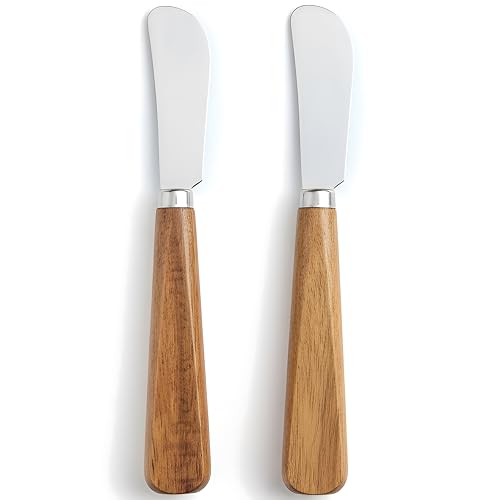LacusMare Butter Knife Set of 2 - Premium Acacia Wooden Butter Knife & Butter Spreader - Stainless Steel Easy Spread Blade for Cold Butter Jam Cheese & Charcuterie Board (17cm)