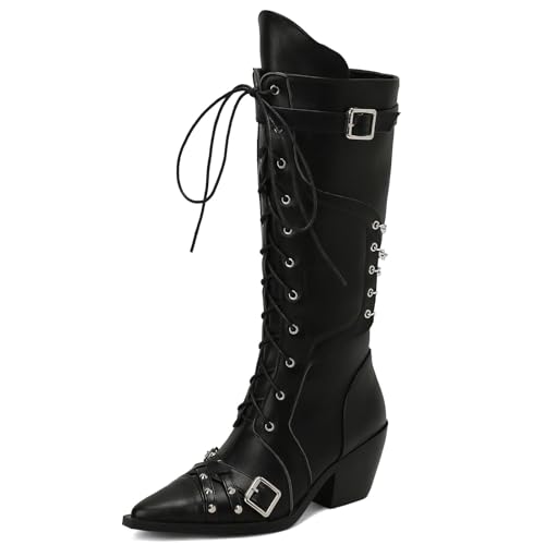 KysBloes Women Gothic Knee High Cowboy Boots Pointed toe Patent Leather Tall Boots with Chain,Victorian Goth Boots Lace Up Knee High Boots