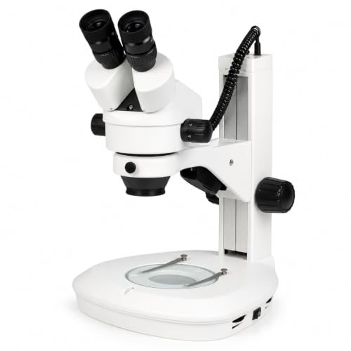 Image of VS-2EZ Binocular Zoom Stereo Microscope, 10x Widefield Eyepiece, 0.7X-4.5X Zoom Range, 3.5X-90x Magnification Range, 0.5X & 2X Auxiliary Lens, LED Illumination, Track Stand