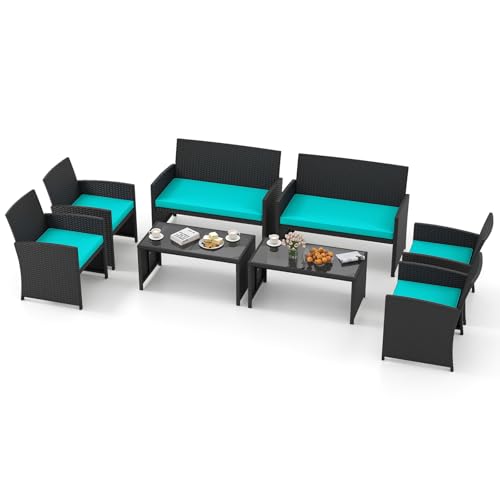 Image of Tangkula 8 Pieces Patio Wicker Furniture Set, Outdoor Heavy Duty Rattan Cushioned Chairs, Loveseat and Tempered Glass Coffee Table, for Backyard, Balcony, Poolside (Turquoised,2)