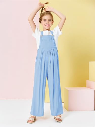 Image of Haloumoning Girls Overalls Kids Casual Sleeveless Wide Leg Jumpsuit Loose Rompers with Pockets 5-14 Years