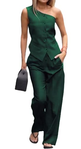 Chic Dark Green One Shoulder Vest Pants Suit for Women - Stylish & Comfortable Formal Outfit by Mi Bo Tong