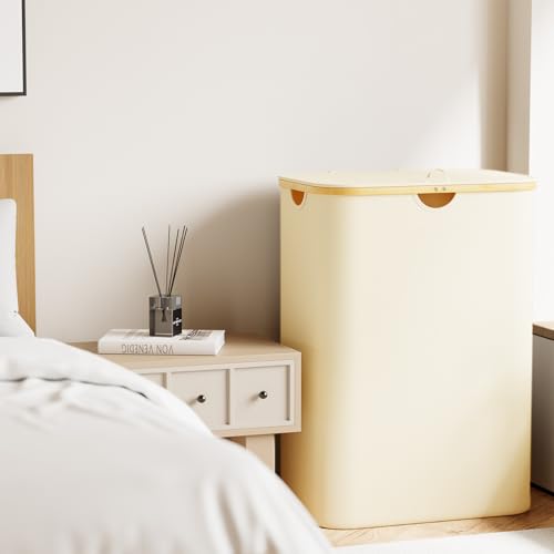 SpaceAid Double Laundry Hamper 2 Section with Lid and Removable Laundry Bags, 160L Clothes Basket with Bamboo Handles, Large Collapsible Hamper for Bedroom, Bathroom, Dorm, Laundry Room - Beige