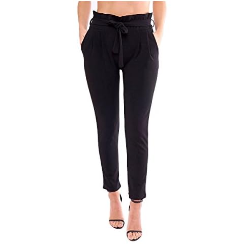 RIDDLEDWITHSTYLE Womens Paper Bag Tie Waist Belted Fit Trouser Cigarette Slim Full Length Pant#(Black Paper Bag Tie Waist Belted Trouser#UK 12-14#Womens) Cover