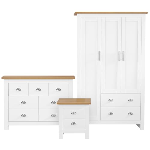 Blisswood 3 Piece Bedroom Furniture Set 3 Door Wardrobe 4+3 Drawer Chest of Drawers & 2 Drawer Bedside Table Modern Shaker Style Bedroom Wardrobe Set with Oak Top White Bedroom Storage Furniture