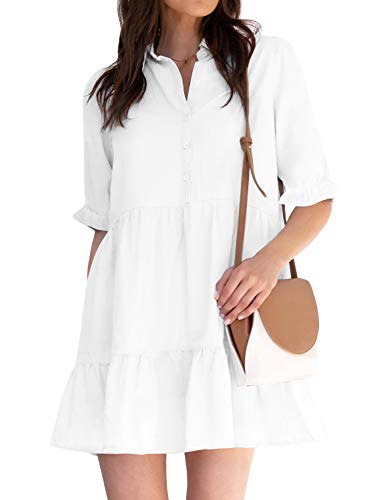 ROYLAMP Women s Summer White Tunic Dress Puff Sleeve Ruffle Hem Button Down Casual Collared Shift Dress with Pockets White L