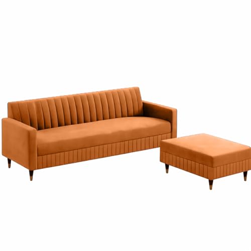 Image of AMATA Omega Solid Wood 4 Seater L Shape Orange Suede Velvet Sofa Set with Four Cushions Perfect for Home Office Guests Living Room (03 Orange, Omega L Shape 4 SSEATER)(3 Year warranrt)