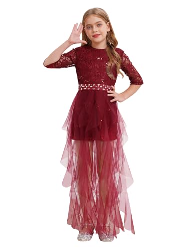 Xnihocha Vestido de fiesta para niños y niñas, estilo vintage, con flores, elegante, largo de noche, línea A, vestido festivo de comunión, granate, 170