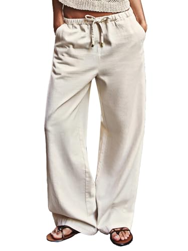 Flamingals Women's Straight Leg Pants Baggy Mid Waist Casual Solid Drawstring Eyelet Waist Slant Pocket Pants