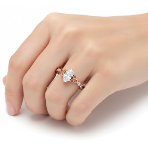 Image of 55Carat Choose Your Gemstone 14k Rose Gold Plated Marquise Shape Petite Engagement Ring Everyday Wedding Jewelry Handmade Gifts for Wife Celtic Knot Split Diamond CZ Birthstone Ring : US Size 4 to 12
