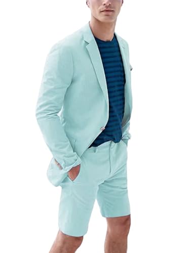 Wangyue Mens Casual Linen Suits Slim Fit Suit 2 Piece Blazer & Short Pants Set Summer Beach Wedding Linen Suit