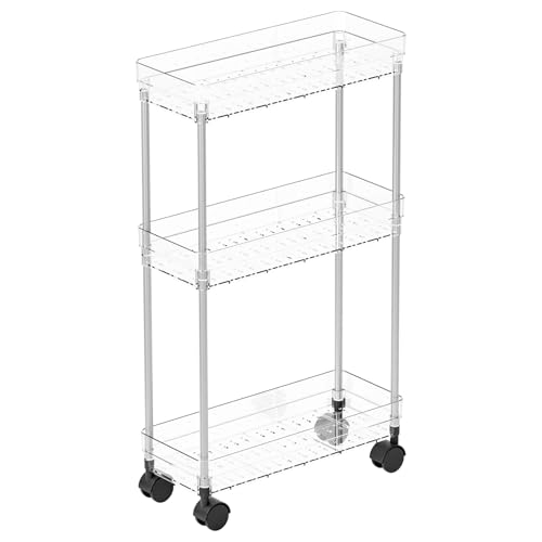 Yieach Clear 3 Tier Slim Rolling Storage Cart with Wheels 6.3W Thin Shelf Bathroom Storage Cabinet Skinny Laundry Cart Narrow Laundry Room Cart Between Washer and Dryer Skinny Shelves for Small Space