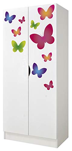 Leomark Blanc Armoire à Deux Portes - Roma - penderie pour vêtements, Style scandinave, Meubles pour Enfants, équipement pour la Chambre des Enfants, Dim: 161,5 (H) cm (Papillons)