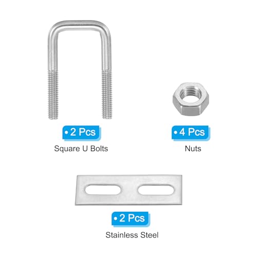 Image of PATIKIL M6x20x50mm Square U-Bolts Kit, 2Set 304 Stainless Steel Square U Shaped Bolts Replacement Parts with Frame Plates and Nuts for Ski Board Sailboat Trailer