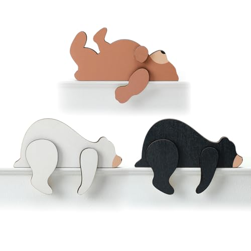 Image of Threehoney 3 Pcs Forest Woodland Nursery Decor for Wooden Bear Door Topper Decoration Wilderness Sleeping Wooden Bears 3 Color Sleeping Bear Nursery Shelf Decor for Door Table Desk