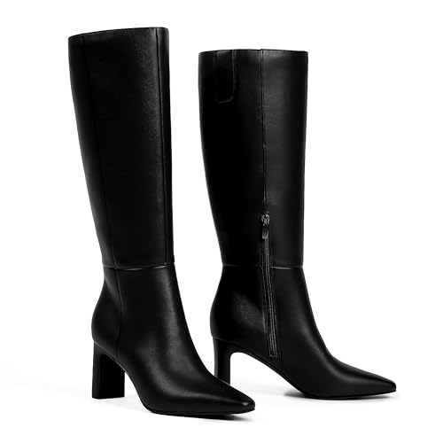 Knee High Boots Women Faux Leather Chunky High Heel Pointed Square Toe Side Zipper Fall Long Tall Boots for Women3
