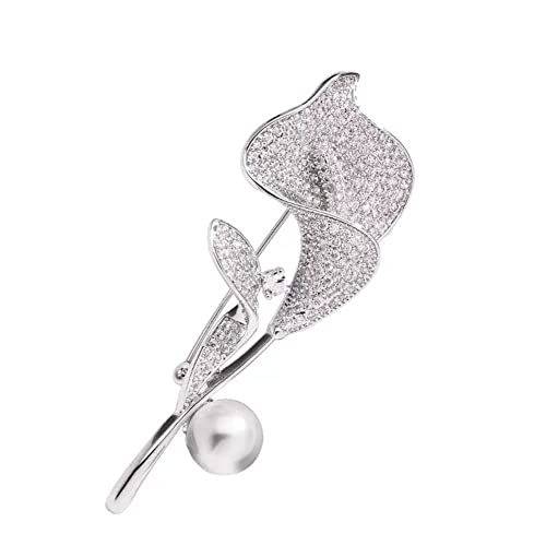 Silver Tone Crystal Calla Lilly Brooch Pearl Floral Bouquet Corsage Pin Suit Cardigan Scarf Tie Pins Wedding Bridal Jewelry Lapel Badge Pins for Women Accessory for Party Wedding