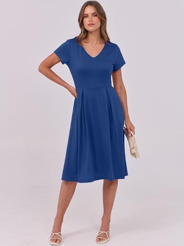 Image of ANRABESS Women Summer Dress Casual Short Sleeve V Neck A-Line Knee Length Pleated Flowy 2026 Fashion Midi Dresses with Pocket