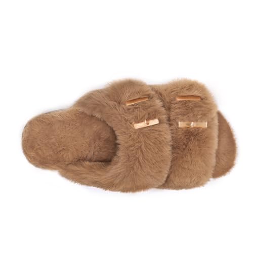 Rainlin Women's Fuzzy Slippers Comfy Cork Footbed Fluffy Slides Open Toe Indoor Outdoor House Shoes with Arch Support3