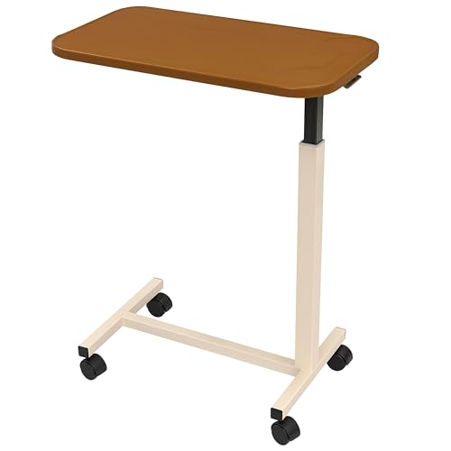 Homecraft Overbed Table with Wheels Adjustable Over Bed Table for Elderly Portable Chair Desk Hospital Bed Counter with Tilt Top Height Adjustable Desk for Eating Reading & Working Teak & White