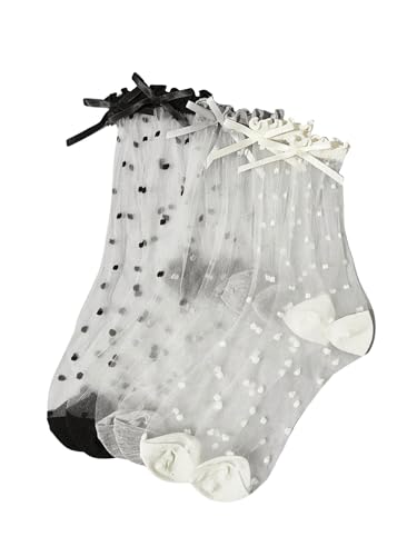 SHENHE Women's 3 Pairs Sheer Socks Ruffle Frilly Polka Dots Cute Bow Tulle Socks