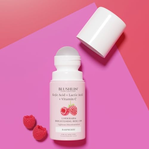 Image of BLUSHLIN Kojic Acid UnderArm Brightening Roll on with AHA | Lactic Acid, Mandelic Acid, Raspberry, & Vitamin C | Prevents Body Odour, Fades Pigmentation, Kills Bacteria | Suitable for Sensitive Skin
