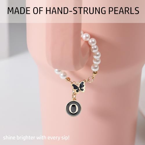 Image of Letter Charm for Stanley Cup,Pearl Chain Accessories Stanley Cup Initial Charms for Handle Stuff Decor Water Bottle Jewelry Tumbler Cute Personalized Name ID Decorations Black Tag (O)