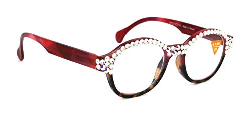 The Alchemist, Full Top, Round Bling Women Reading Glasses Adorned with Clear Genuine European Crystals Siam Red + Tortoiseshell Brown. NY Fifth Avenue.