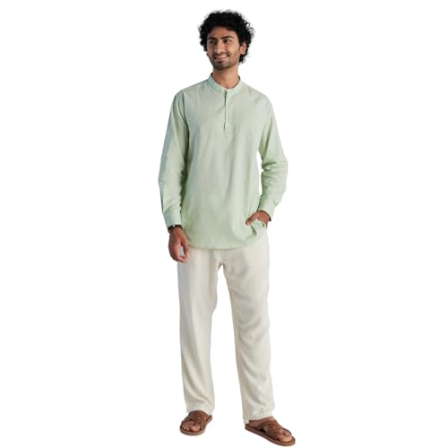 Image of SAADAA Men's Short Kurta - Linen Cotton Blend, Airy Fabric, Regular Fit, Mandarin Collar, Solid Color - Casual, Festive & Ethnic Wear