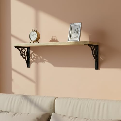 Image of Wall Shelf with Wooden Top Black|White Iron Brackets Storage Rack|Industrial Wall-Mounted Floating Shelf for Living Room,Kitchen,Bathroom (Black Single Floral Small)