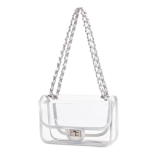 Image of Womens PVC Clear Purse Handbag with Chain Stadium Approved Clear Bag See Through Bag for Working and Concert