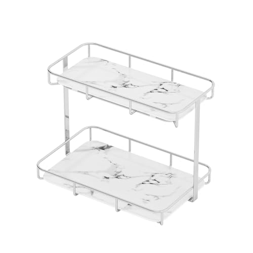 Bathroom Organizer Countertop Perfume Organizer Makeup Organizer Cosmetics Storage Display Rack Vanity Tray Dresser Stainless Steel Gold Shelf White Marble Ceramic Tray (2 Tier L-Sliver)