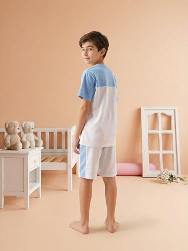 Image of Li'l Tomatoes Boys 100% Cotton Night Suit Set | Half Sleeve T-Shirt & Shorts | Color Block & Typography Print | Soft & Breathable Sleepwear | Casual Summer Wear | 9-16 Years