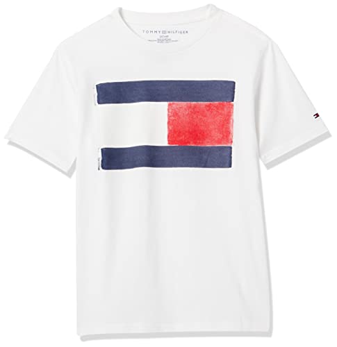Tommy Hilfiger boys Flag Tee Tommy Hilfiger Short Sleeve Crew Neck T Shirt 100 Cotton Solid Color with Signature Embroide, White 1, Large US