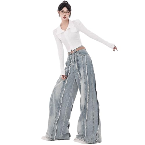American Retro Wasteland Style Su Splicing Design, Denim Niche Loose Straight Leg Wide Leg Floor Pants