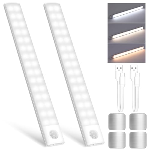 PEN&H 2Pack Under Cabinet Lights,Motion Sensor Light Indoor,3 Color Temperatures Dimmable Closet Lights for Counter,Kitchen,Bedroom,Stairs Lighting - Silver