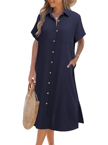 Image of Zeagoo Women Dresses Summer Casual Short Sleeve Button Down Shirt Dresses 2026 Beach Cover Up with Pockets