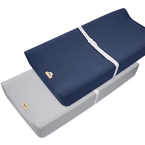 Image of BlueSnail Ultra Soft and Breathable Changing Pad Cover, Stretchy Knit Diaper Change Table Sheets, Cozy and Comfortable Cradle Sheets, Fit 32"/34''x16 Contoured Pad,2 Pack (Navy+Light Gray)