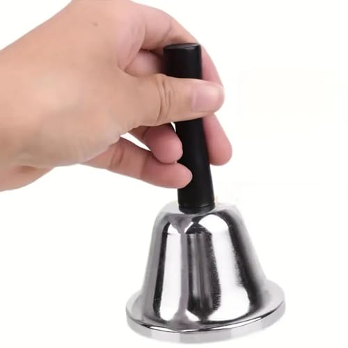 eMKay® Small 12cm Silver Hand Bells with Black Handle – Stainless Steel Call Bell for Elderly Service Desk School Reception Wedding & Santa Xmas Use – Loud Butler Bell with Classic Design