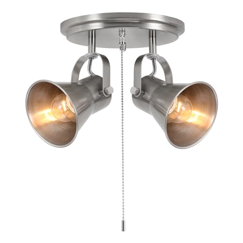 Image of 2-Light Brushed Nickel Pull Chain Light Fixture, Ceiling Light with Pull Chain, Adjustable Flush Mount Lighting for Kitchen, Closet, Hallway