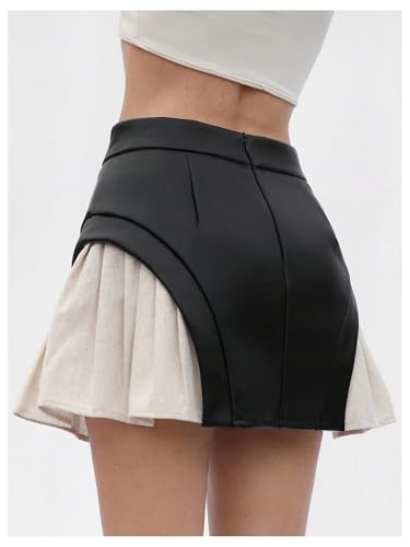 Floerns Women's Going Out A Line Skirt Leather Patchwork Pleated Hem Party Mini Skirts3