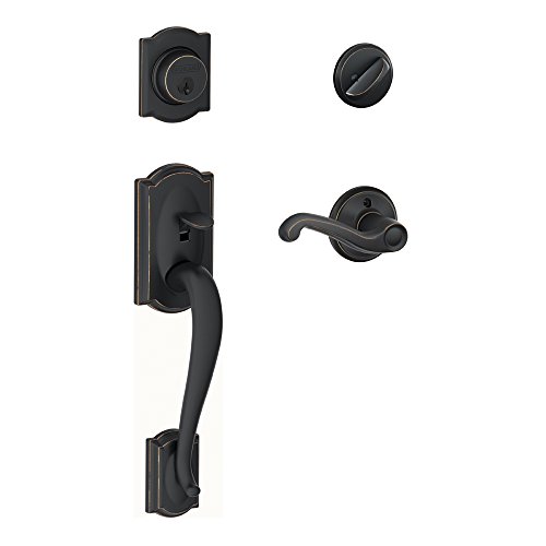 Image of SCHLAGE Camelot Single Cylinder Handleset and Right Hand Flair Lever, Aged Bronze (F60 CAM 716 FLA RH)