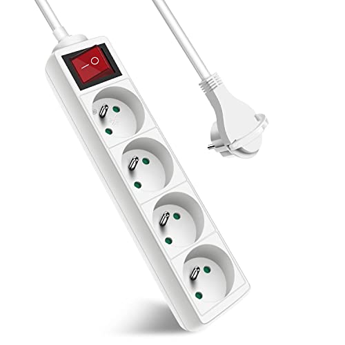 Extrastar Multiprise 4 Prises avec Interrupteur Fiche Plate, Bloc 4 Prises, Rallonge 1.5m 230 V avec sécurité Enfant, Blanc Cover