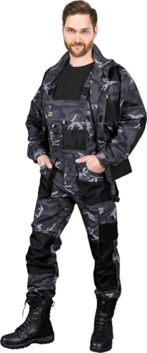 REIS FORECO-B Arbeitslatzhose für Herren | Sicherheitshose | Cargo | Arbeitskleidung | Arbeitshose | Latzhose | Arbeitsanzug | Camouflage-Schwarz | Größe: 62