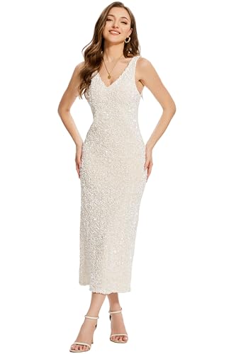 OVRUNS Women Sequin Dress Sleeveless V Neck A Line V Back with Liner Sparkly Evening Party Glitter Cocktail Formal Midi Dress3